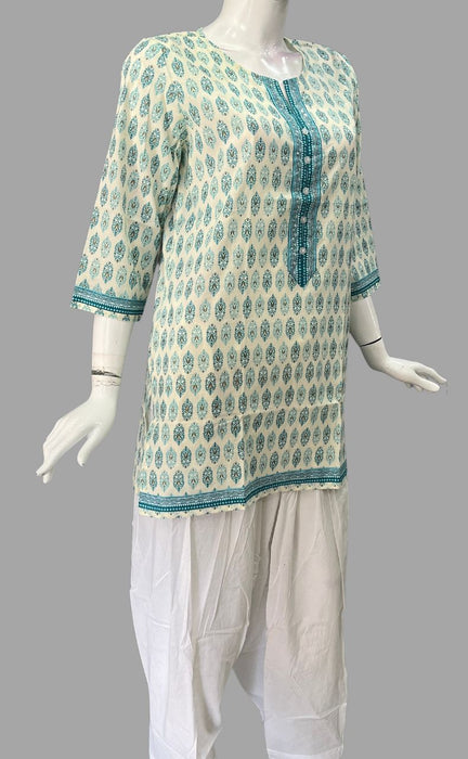 White/Sea Green Motif Jaipuri Cotton Short Kurti. Pure Versatile Cotton. | Laces and Frills - Laces and Frills