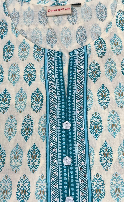 White/Sea Green Motif Jaipuri Cotton Short Kurti. Pure Versatile Cotton. | Laces and Frills - Laces and Frills