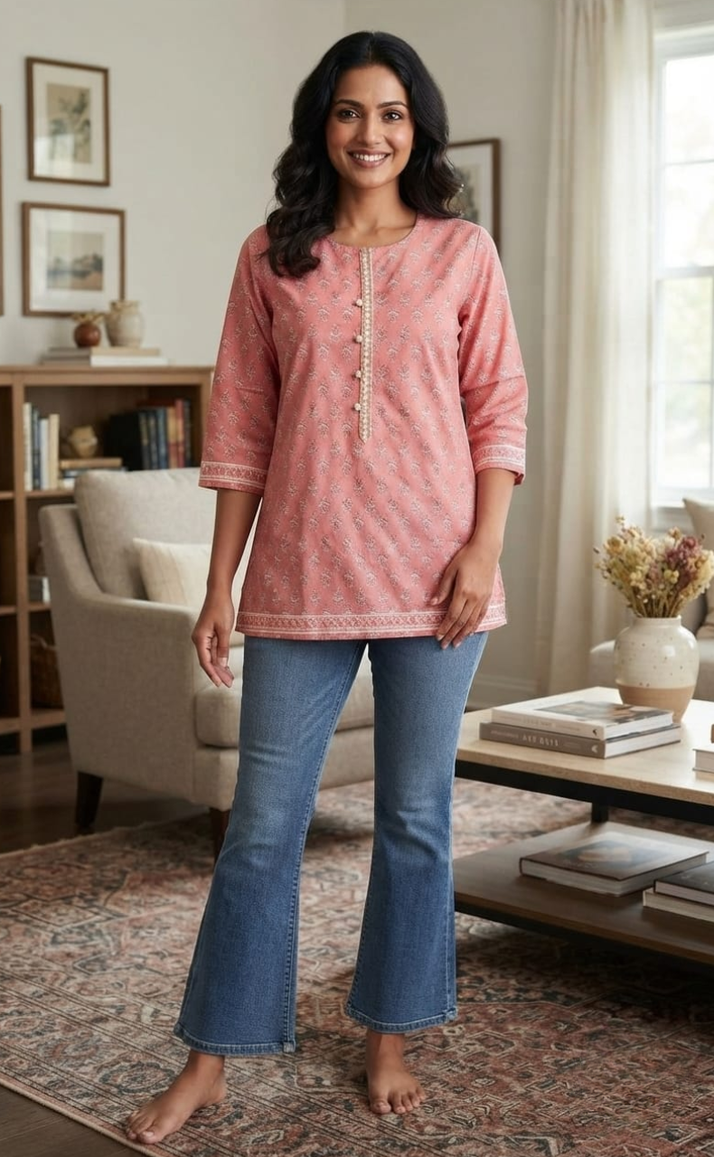 Pink Flora Motif Jaipuri Cotton Short Kurti. Pure Versatile Cotton. | Laces and Frills