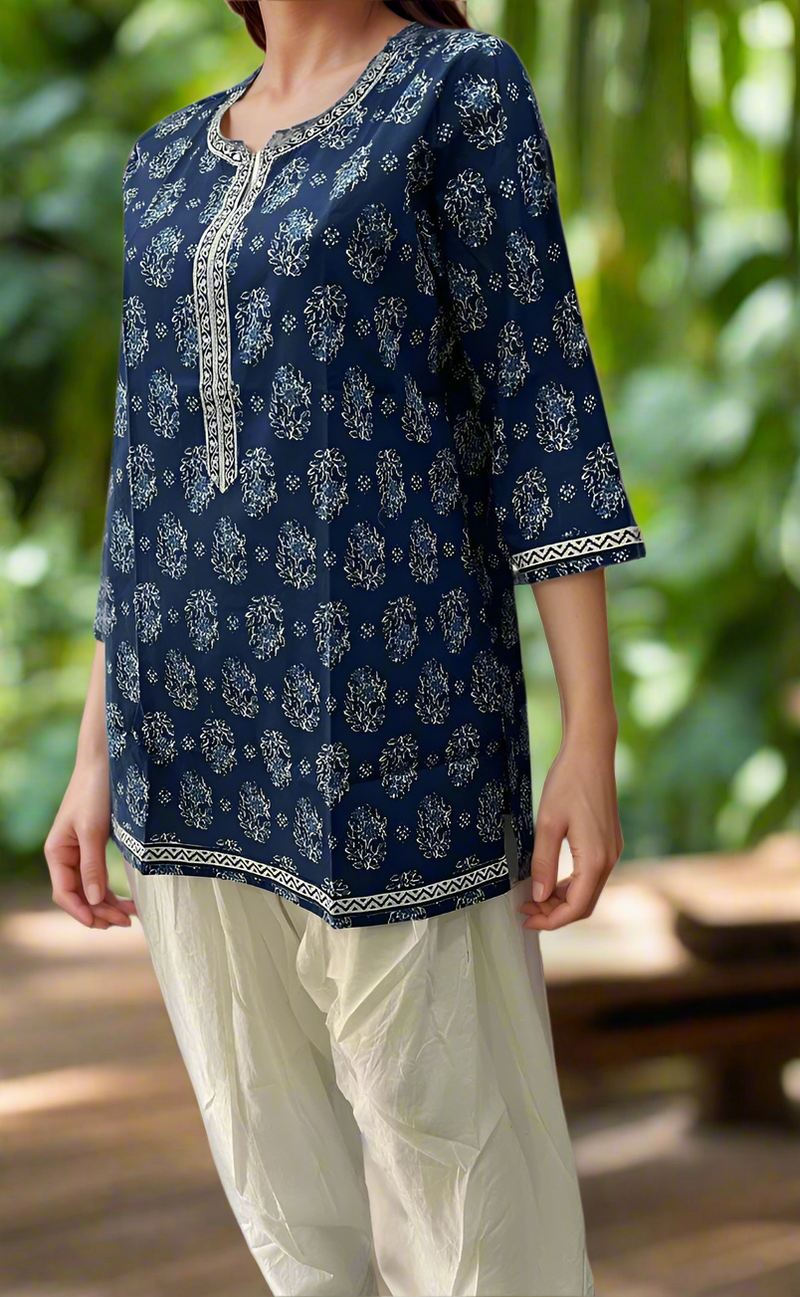 Blue Garden Jaipuri Cotton Short Kurti. Pure Versatile Cotton. | Laces and Frills - Laces and Frills
