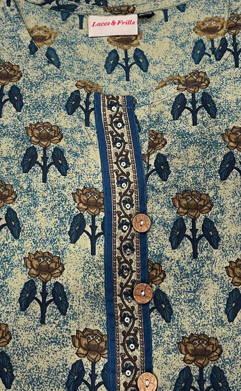 Dark Green/Pista Green Floral Jaipuri Cotton Short Kurti. Pure Versatile Cotton. | Laces and Frills - Laces and Frills