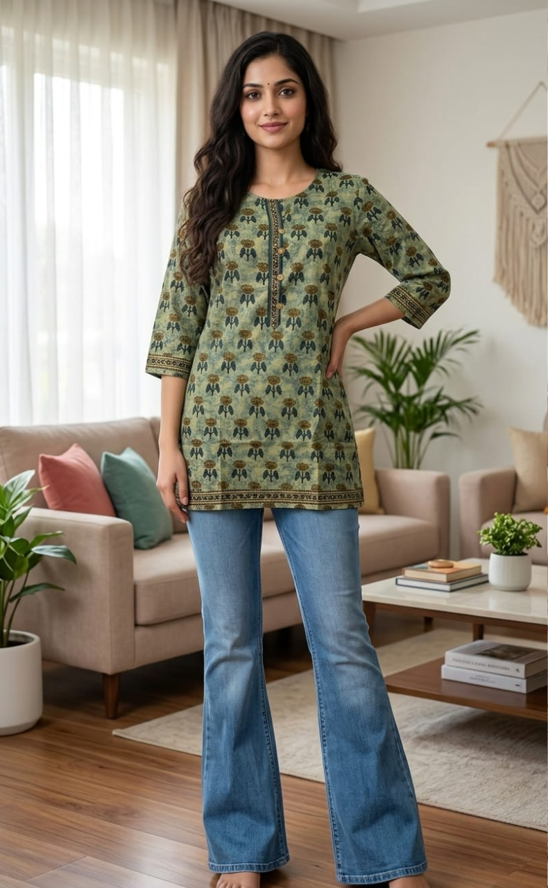 Dark Green/Pista Green Floral Jaipuri Cotton Short Kurti. Pure Versatile Cotton. | Laces and Frills