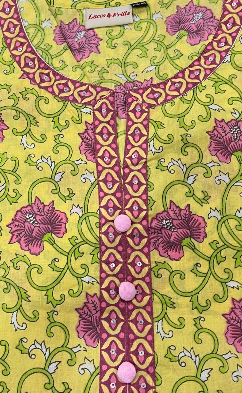 Yellow/Pink Garden Jaipuri Cotton Short Kurti. Pure Versatile Cotton. | Laces and Frills - Laces and Frills