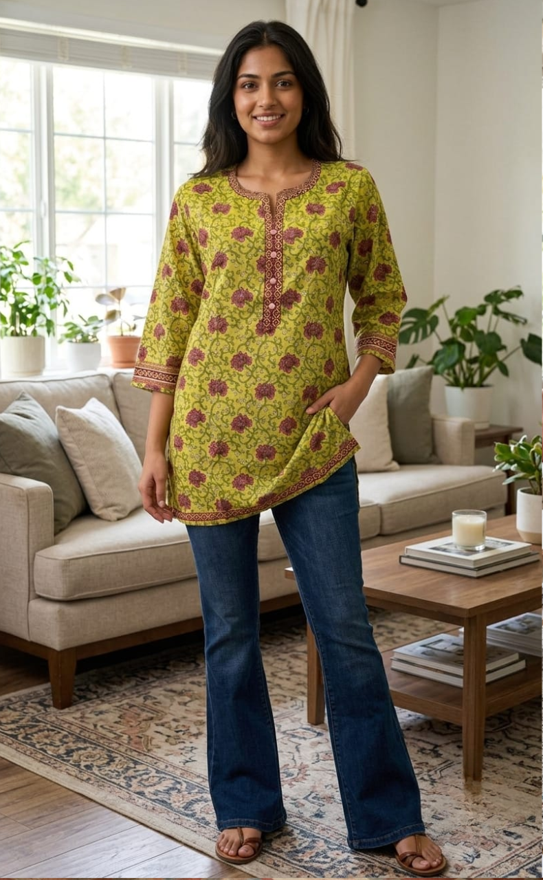 Yellow/Pink Garden Jaipuri Cotton Short Kurti. Pure Versatile Cotton. | Laces and Frills