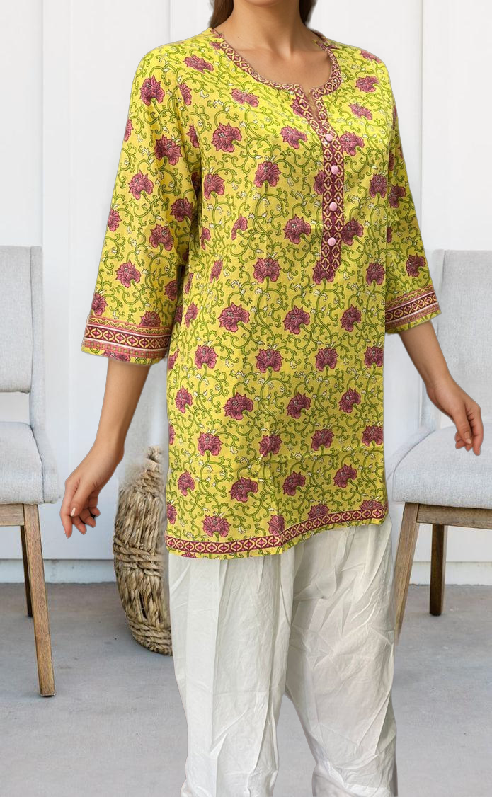 Yellow/Pink Garden Jaipuri Cotton Short Kurti. Pure Versatile Cotton. | Laces and Frills - Laces and Frills