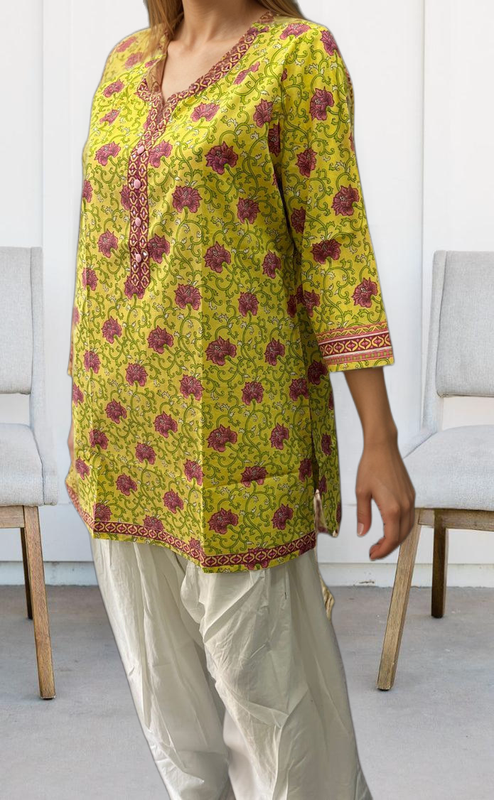 Yellow/Pink Garden Jaipuri Cotton Short Kurti. Pure Versatile Cotton. | Laces and Frills - Laces and Frills