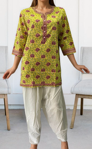 Yellow/Pink Garden Jaipuri Cotton Short Kurti. Pure Versatile Cotton. | Laces and Frills - Laces and Frills