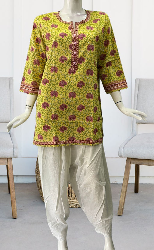 Yellow/Pink Garden Jaipuri Cotton Short Kurti. Pure Versatile Cotton. | Laces and Frills - Laces and Frills