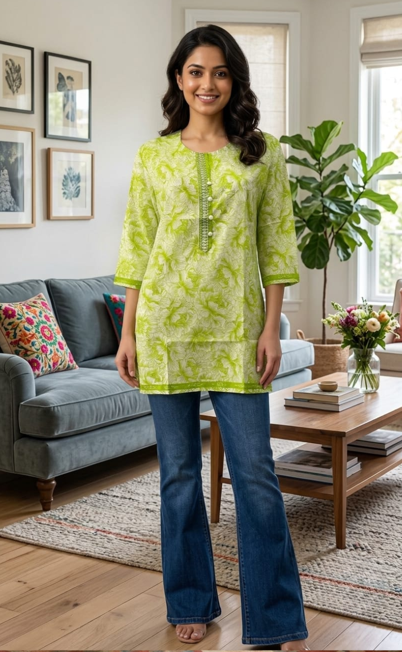 Green Garden Jaipuri Cotton Short Kurti. Pure Versatile Cotton. | Laces and Frills