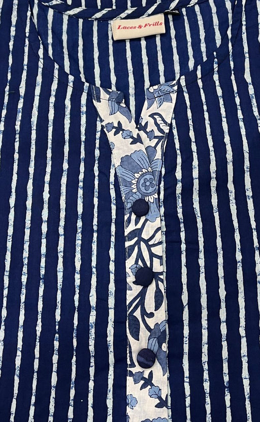 Navy Blue Stripes Jaipuri Cotton Short Kurti. Pure Versatile Cotton. | Laces and Frills - Laces and Frills