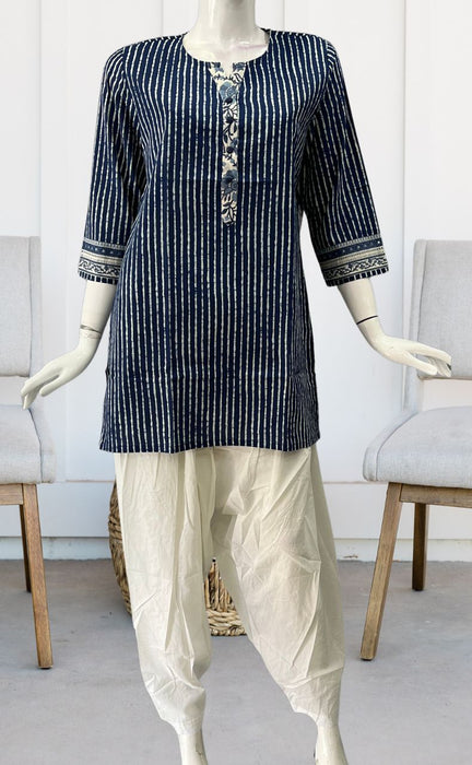 Navy Blue Stripes Jaipuri Cotton Short Kurti. Pure Versatile Cotton. | Laces and Frills