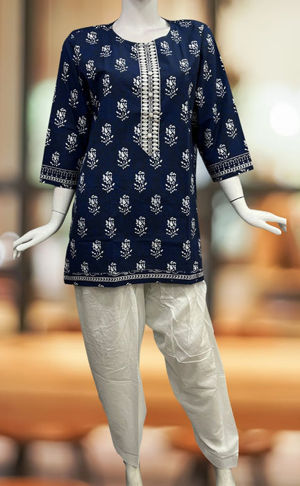 Blue Flora Jaipuri Cotton Short Kurti. Pure Versatile Cotton. | Laces and Frills - Laces and Frills