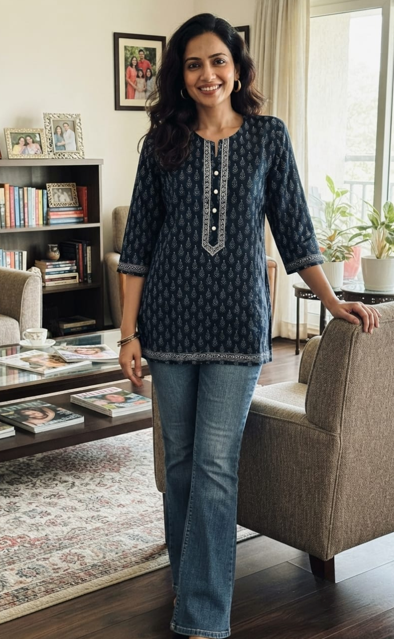 Blue Manga Motif Jaipuri Cotton Short Kurti. Pure Versatile Cotton. | Laces and Frills