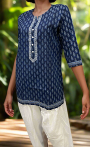 Blue Manga Motif Jaipuri Cotton Short Kurti. Pure Versatile Cotton. | Laces and Frills - Laces and Frills