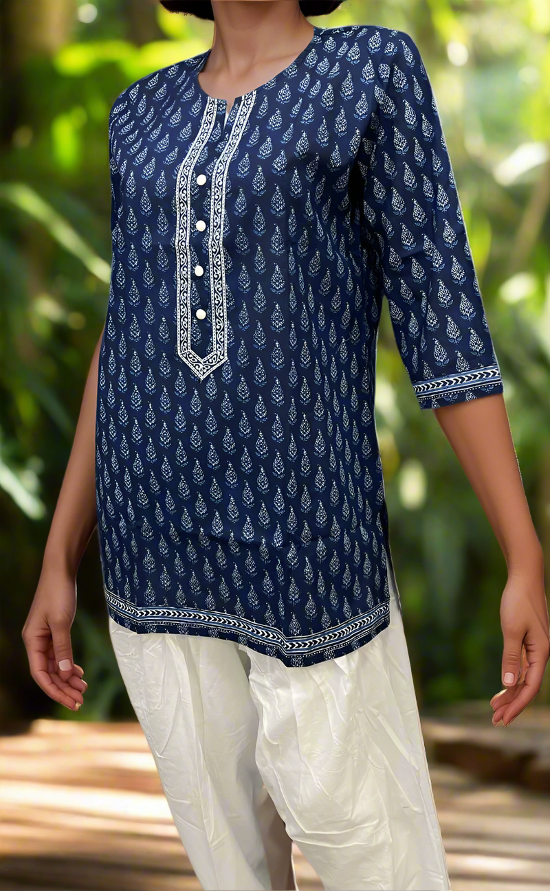 Blue Manga Motif Jaipuri Cotton Short Kurti. Pure Versatile Cotton. | Laces and Frills - Laces and Frills