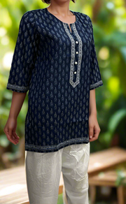 Blue Manga Motif Jaipuri Cotton Short Kurti. Pure Versatile Cotton. | Laces and Frills - Laces and Frills