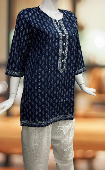 Blue Manga Motif Jaipuri Cotton Short Kurti. Pure Versatile Cotton. | Laces and Frills - Laces and Frills