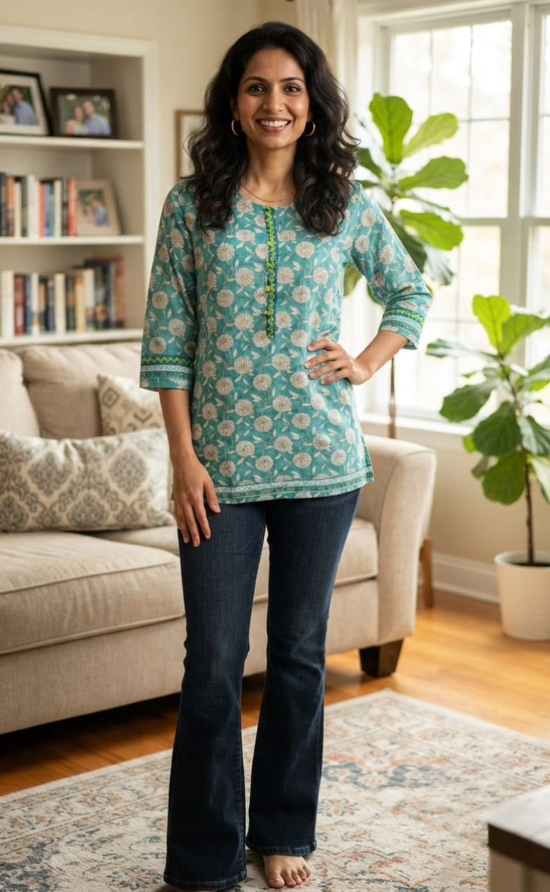 Sea Green Garden Jaipuri Cotton Short Kurti. Pure Versatile Cotton. | Laces and Frills