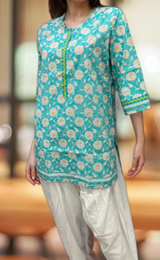 Sea Green Garden Jaipuri Cotton Short Kurti. Pure Versatile Cotton. | Laces and Frills - Laces and Frills