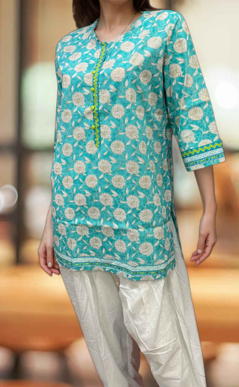 Sea Green Garden Jaipuri Cotton Short Kurti. Pure Versatile Cotton. | Laces and Frills - Laces and Frills