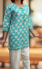 Sea Green Garden Jaipuri Cotton Short Kurti. Pure Versatile Cotton. | Laces and Frills - Laces and Frills