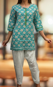 Sea Green Garden Jaipuri Cotton Short Kurti. Pure Versatile Cotton. | Laces and Frills - Laces and Frills