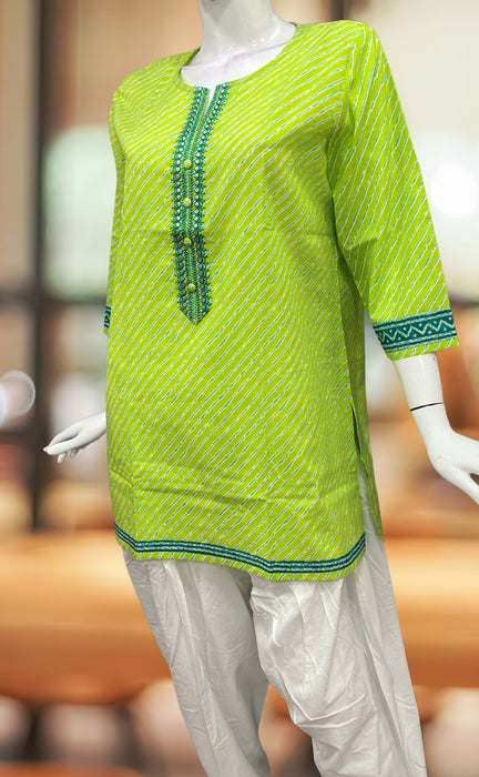 Green Stripes Jaipuri Cotton Short Kurti. Pure Versatile Cotton. | Laces and Frills - Laces and Frills