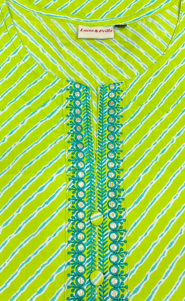 Green Stripes Jaipuri Cotton Short Kurti. Pure Versatile Cotton. | Laces and Frills - Laces and Frills