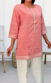 Pink Flora Motif Jaipuri Cotton Short Kurti. Pure Versatile Cotton. | Laces and Frills - Laces and Frills