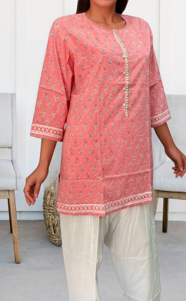 Pink Flora Motif Jaipuri Cotton Short Kurti. Pure Versatile Cotton. | Laces and Frills - Laces and Frills