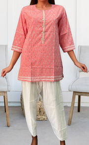 Pink Flora Motif Jaipuri Cotton Short Kurti. Pure Versatile Cotton. | Laces and Frills - Laces and Frills