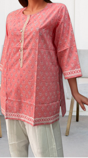Pink Flora Motif Jaipuri Cotton Short Kurti. Pure Versatile Cotton. | Laces and Frills - Laces and Frills