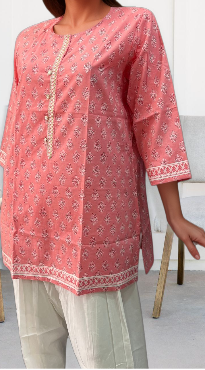 Pink Flora Motif Jaipuri Cotton Short Kurti. Pure Versatile Cotton. | Laces and Frills - Laces and Frills