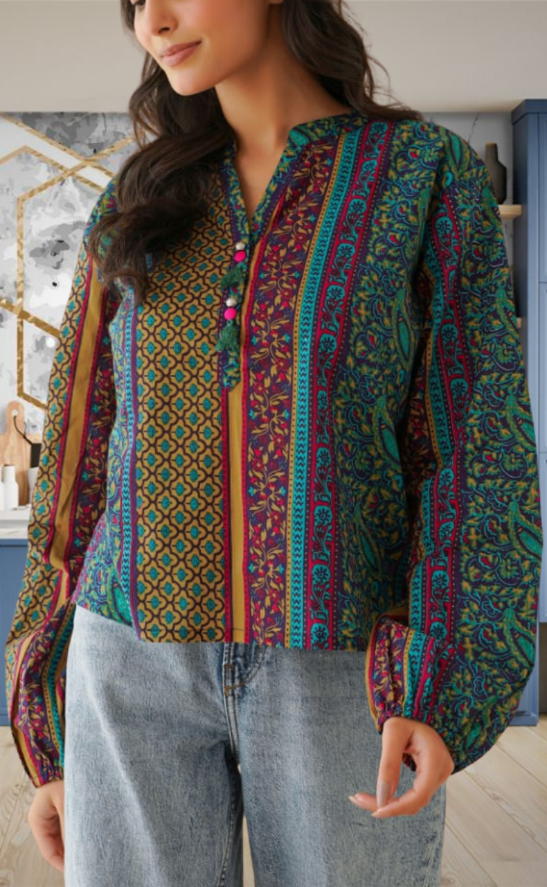 Blue/Beige Garden Jaipur Cotton Long Sleeve Short Kurti Top. Pure Versatile Cotton. | Laces and Frills - Laces and Frills