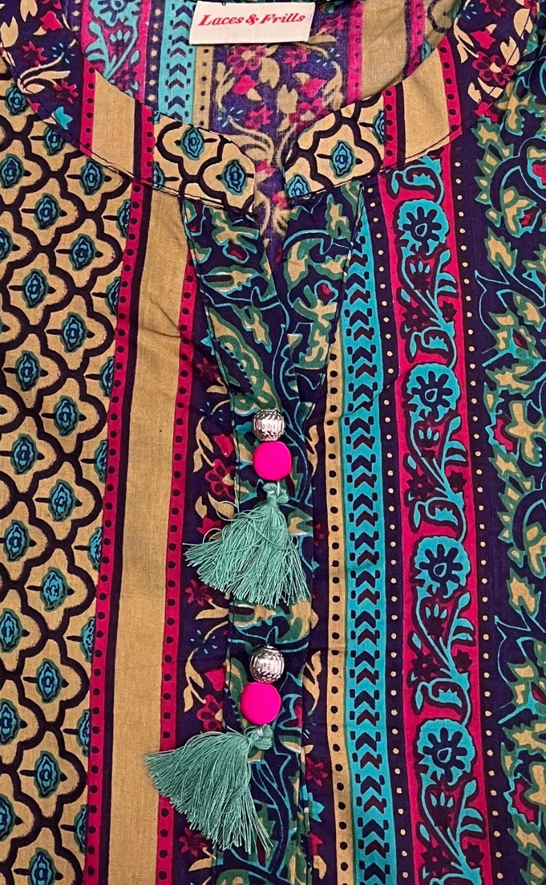 Blue/Beige Garden Jaipur Cotton Long Sleeve Short Kurti Top. Pure Versatile Cotton. | Laces and Frills - Laces and Frills