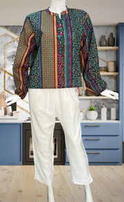 Blue/Beige Garden Jaipur Cotton Long Sleeve Short Kurti Top. Pure Versatile Cotton. | Laces and Frills - Laces and Frills