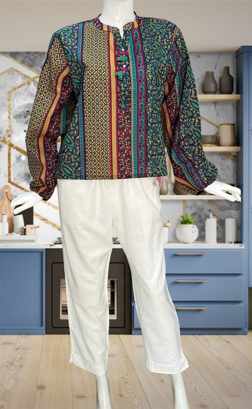 Blue/Beige Garden Jaipur Cotton Long Sleeve Short Kurti Top. Pure Versatile Cotton. | Laces and Frills - Laces and Frills