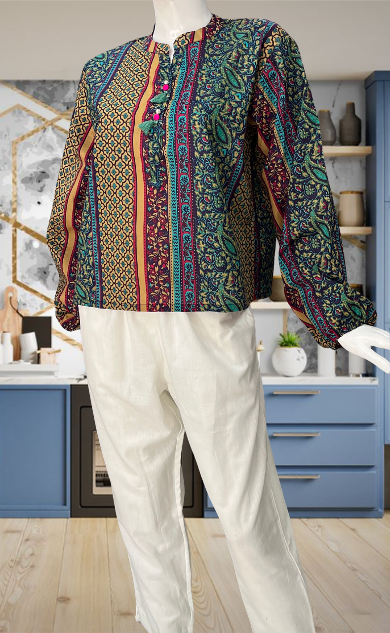 Blue/Beige Garden Jaipur Cotton Long Sleeve Short Kurti Top. Pure Versatile Cotton. | Laces and Frills - Laces and Frills