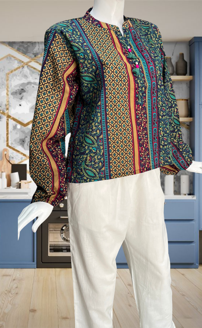 Blue/Beige Garden Jaipur Cotton Long Sleeve Short Kurti Top. Pure Versatile Cotton. | Laces and Frills - Laces and Frills