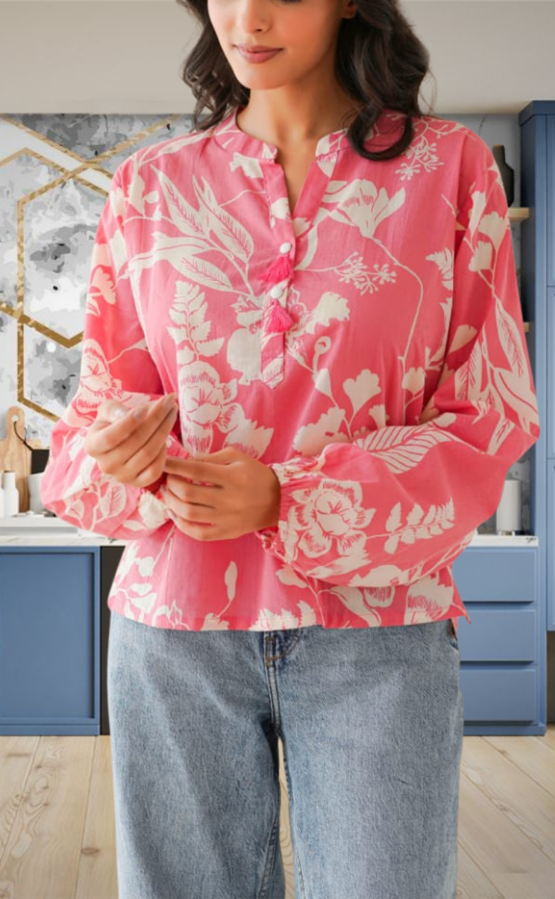 Pink Floral Jaipur Cotton Long Sleeve Short Kurti Top. Pure Versatile Cotton. | Laces and Frills - Laces and Frills