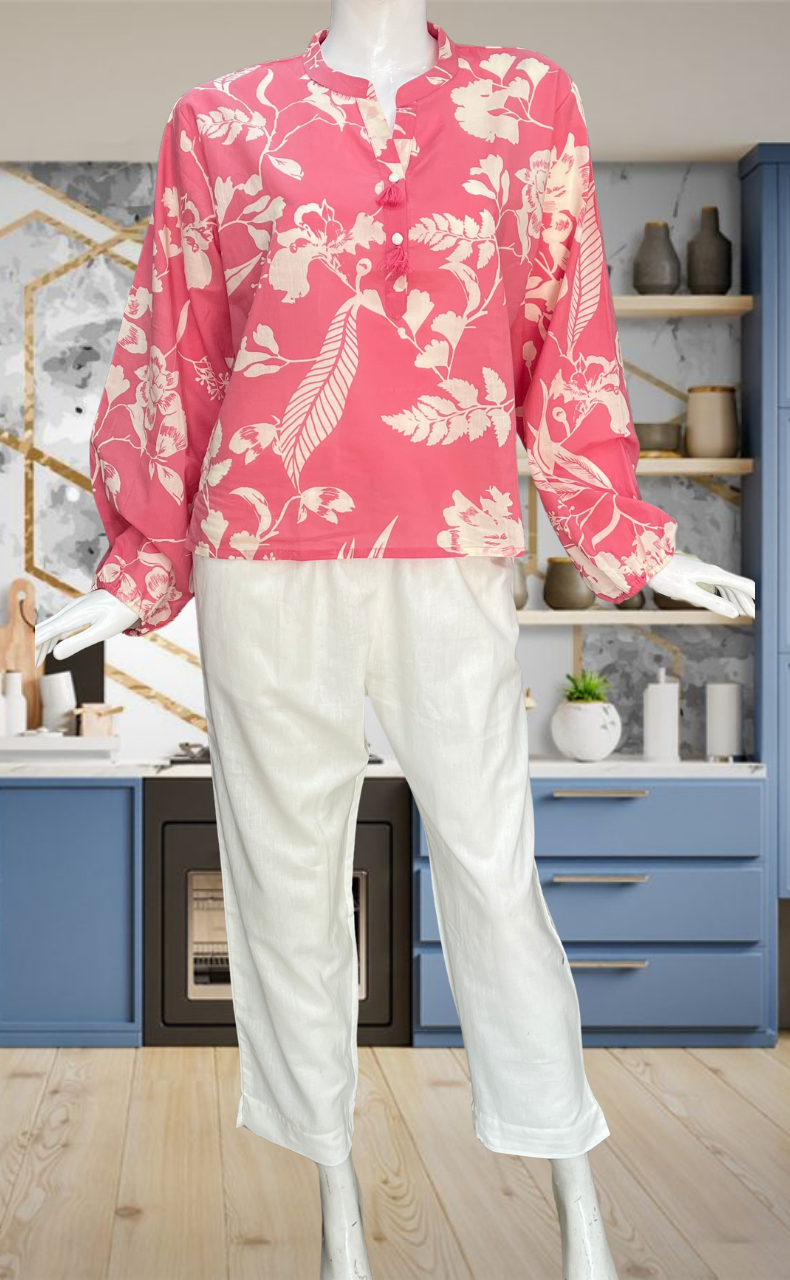 Pink Floral Jaipur Cotton Long Sleeve Short Kurti Top. Pure Versatile Cotton. | Laces and Frills - Laces and Frills