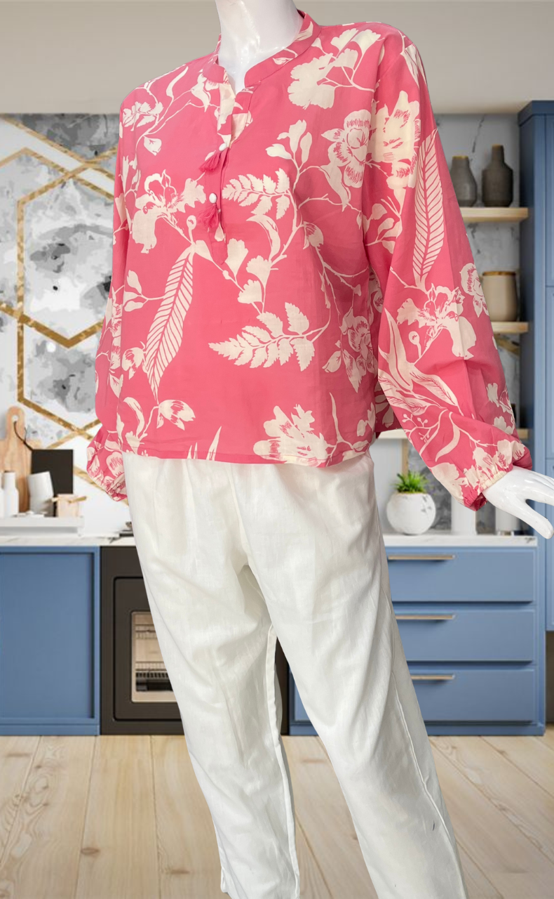 Pink Floral Jaipur Cotton Long Sleeve Short Kurti Top. Pure Versatile Cotton. | Laces and Frills - Laces and Frills