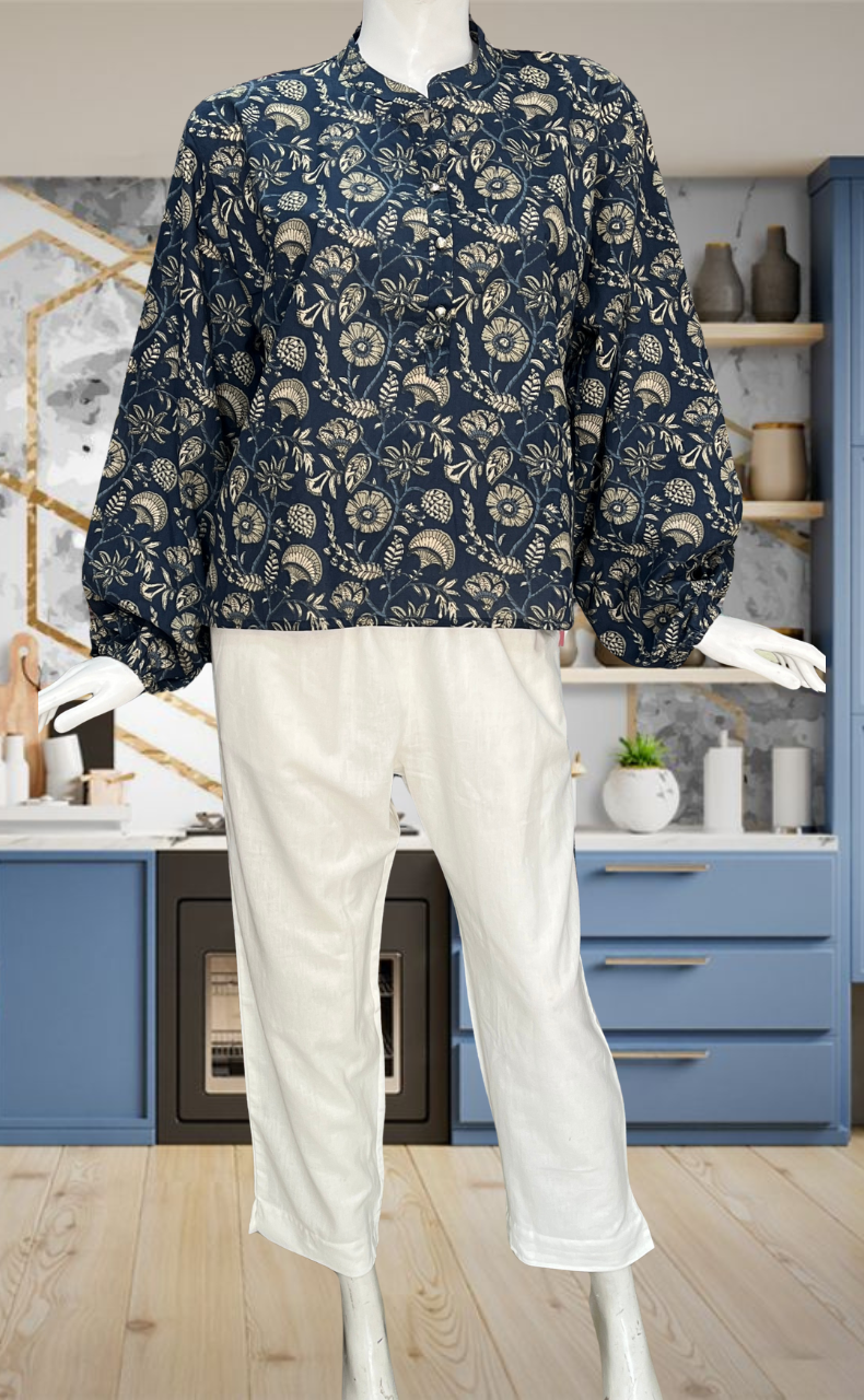 Indigo Blue Garden Jaipur Cotton Long Sleeve Short Kurti Top. Pure Versatile Cotton. | Laces and Frills - Laces and Frills