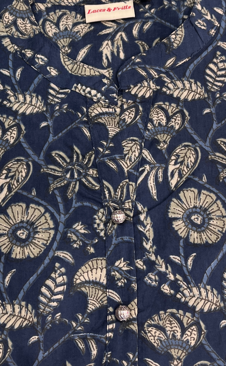 Indigo Blue Garden Jaipur Cotton Long Sleeve Short Kurti Top. Pure Versatile Cotton. | Laces and Frills - Laces and Frills