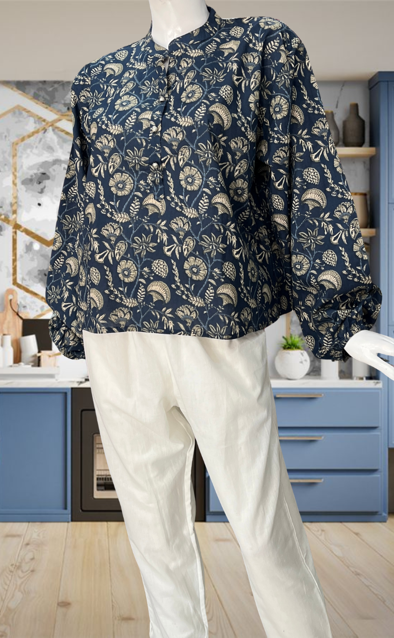 Indigo Blue Garden Jaipur Cotton Long Sleeve Short Kurti Top. Pure Versatile Cotton. | Laces and Frills - Laces and Frills