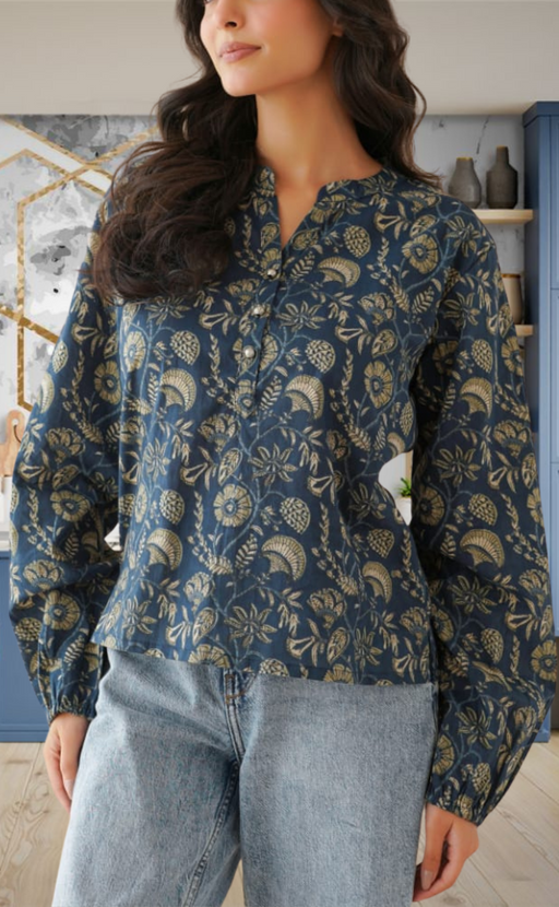 Indigo Blue Garden Jaipur Cotton Long Sleeve Short Kurti Top. Pure Versatile Cotton. | Laces and Frills - Laces and Frills