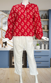 Red Floral Jaipur Cotton Long Sleeve Short Kurti Top. Pure Versatile Cotton. | Laces and Frills - Laces and Frills
