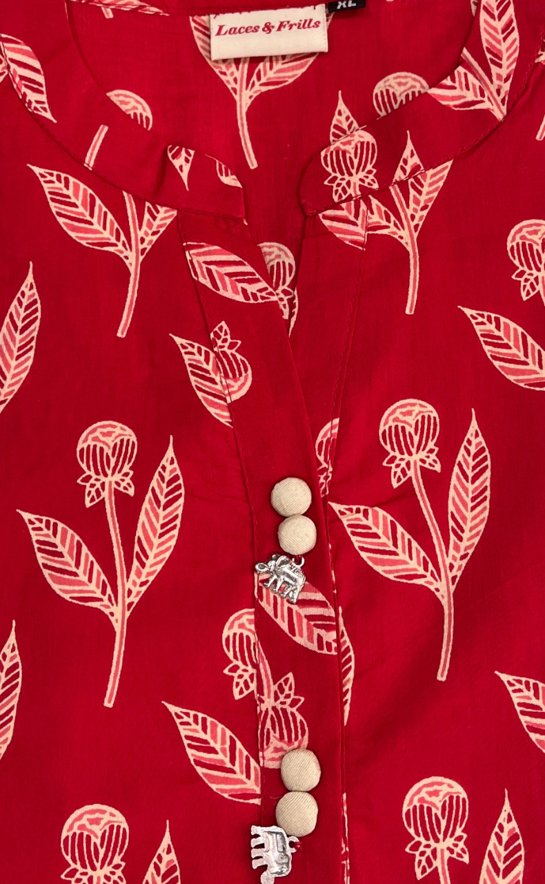 Red Floral Jaipur Cotton Long Sleeve Short Kurti Top. Pure Versatile Cotton. | Laces and Frills - Laces and Frills