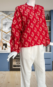 Red Floral Jaipur Cotton Long Sleeve Short Kurti Top. Pure Versatile Cotton. | Laces and Frills - Laces and Frills