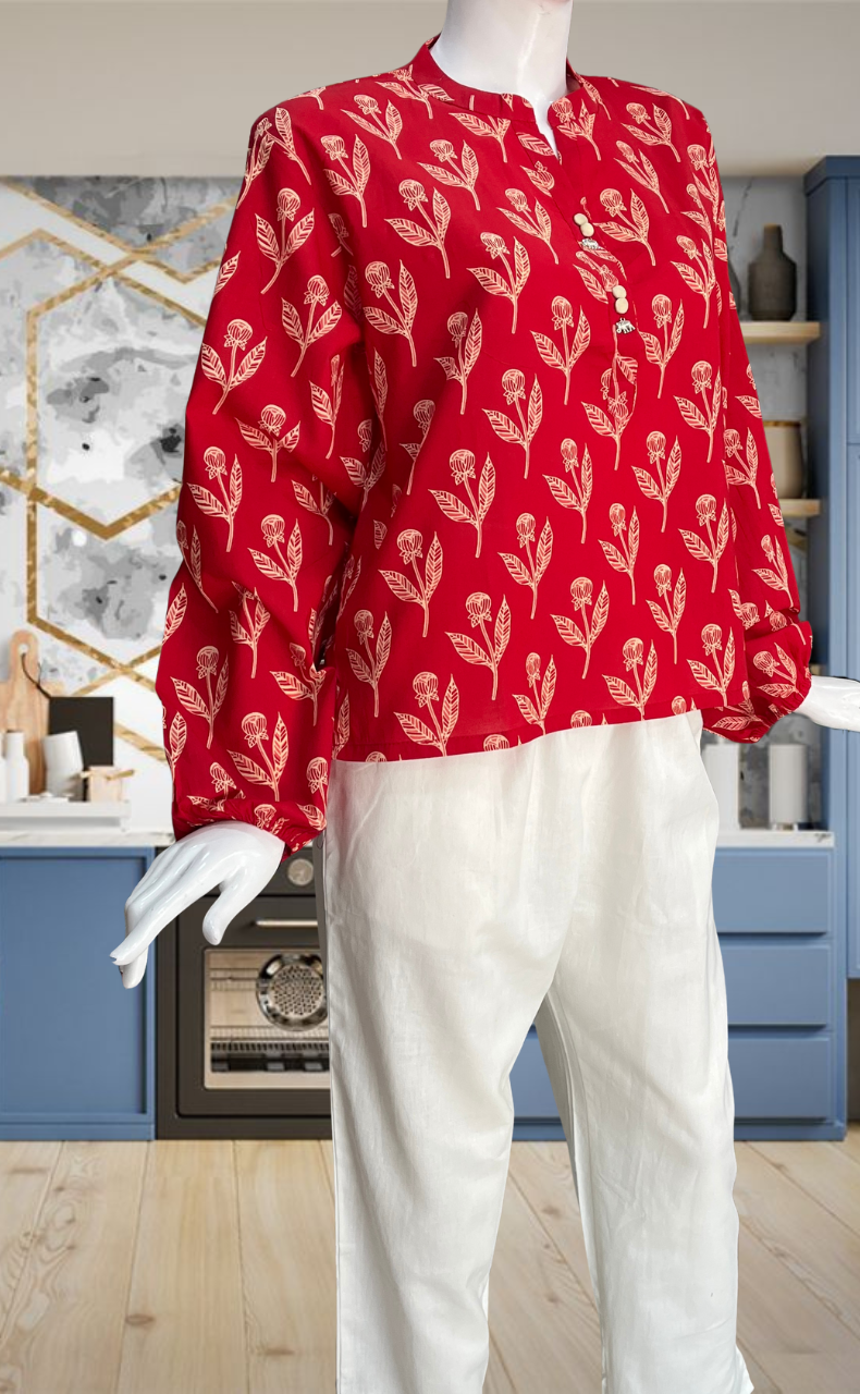 Red Floral Jaipur Cotton Long Sleeve Short Kurti Top. Pure Versatile Cotton. | Laces and Frills - Laces and Frills